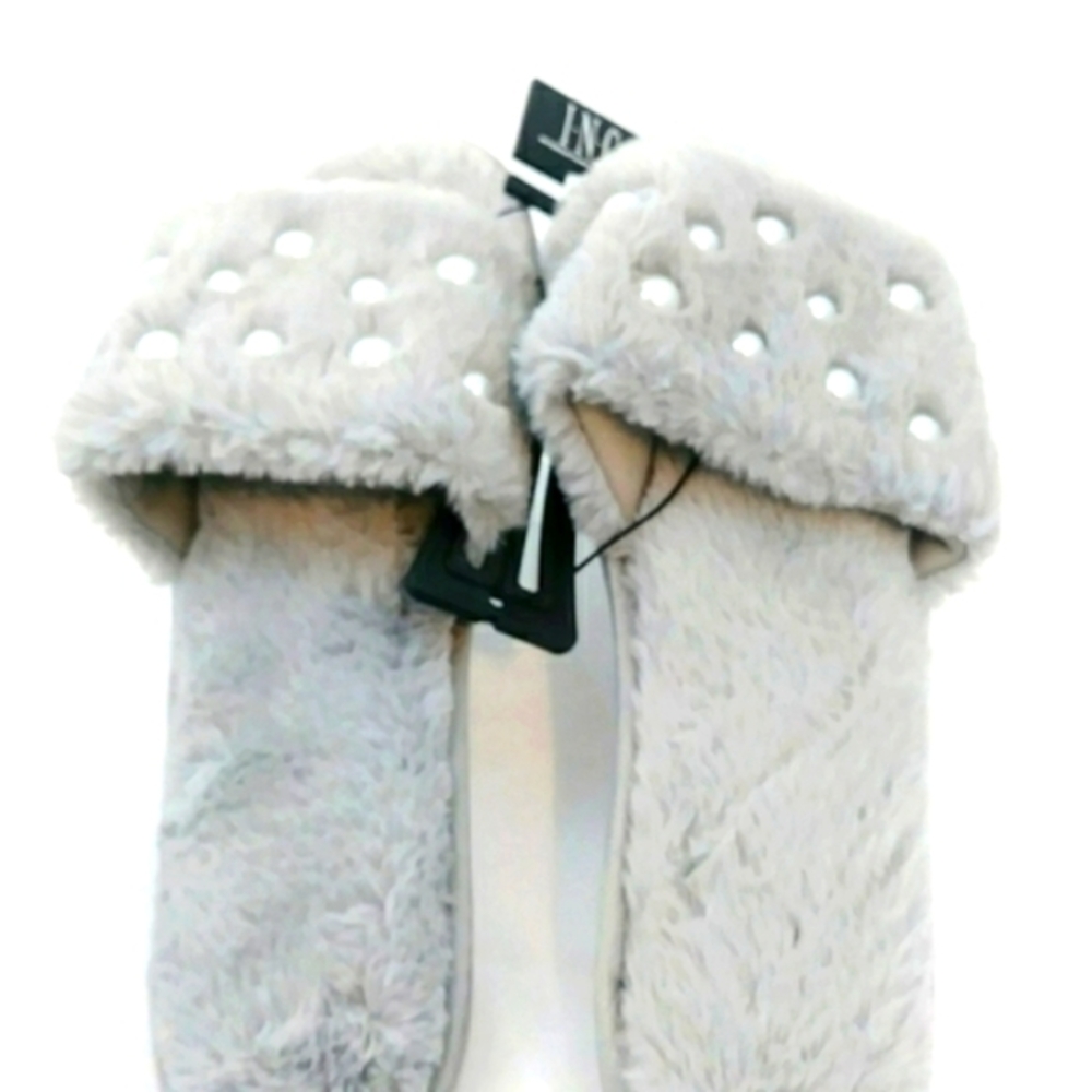 INC Women's Fuzzy Pearl Accent Slipper Slides, Gray, Size XL 11/12